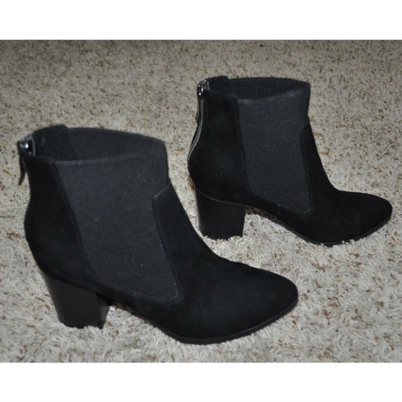 Womens Ankle Booties Fioni Black Suede 9.5 Zip Back Boots Fx Suede Heel Shoes - Picture 1 of 5